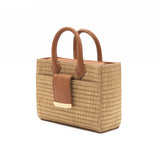 Structured Leather Tan Raffia Ella Mini Tote
