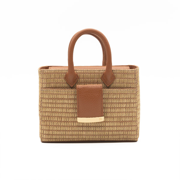 Structured Leather Tan Raffia Ella Mini Tote