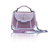 Antique rose mini Anabella tote in box leather and python with a gunmetal logo, detachable chain, and elegant top handle.