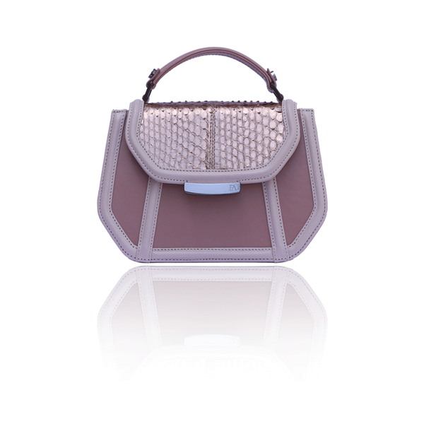 Antique rose leather mini Anabella tote with a metallic python flap, gunmetal logo plaque, and elegant top handle.