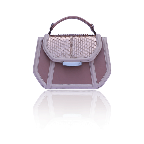 Antique rose leather mini Anabella tote with a metallic python flap, gunmetal logo plaque, and elegant top handle.
