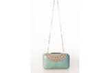 Aqua water snake skin and nude patent leather Gina clutch with silver studs, chain strap, and elegant mirror design.