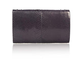 Aubergine mauve python skin Jeeda clutch, 18cm wide with sleek textured finish and elegant designer aesthetic.