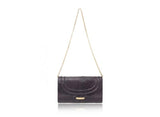 Aubergine python skin Jeeda clutch with gold-tone hardware, designer plaque, and detachable chain strap.