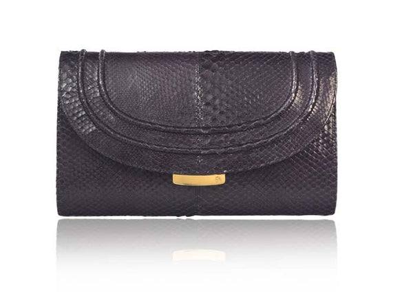 Aubergine python skin Jeeda clutch with gold-tone hardware and signature engraved designer plaque.