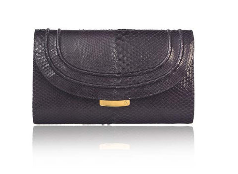 Aubergine python skin Jeeda clutch with gold-tone hardware and signature engraved designer plaque.