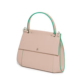 Beige smooth Napa leather Nora top handle bag with vibrant green edge paint, silver-tone hardware, and a sleek structured design.