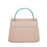 Beige smooth Napa leather Nora top handle bag with vibrant green edge paint and sleek silver-tone hardware.