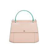 Beige smooth Napa leather Nora top handle bag with green edge paint, silver hardware, and a sleek, structured design.