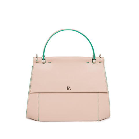 Beige smooth Napa leather Nora top handle bag with green edge paint, silver hardware, and a sleek, structured design.