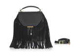 Black Becky medium satchel in textured leather with a weaved flap, suede fringe, and elegant gold-tone hardware.