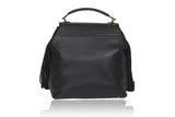 Black Becky medium satchel in textured leather with a weaved flap, suede fringe details, and elegant gold-tone hardware.