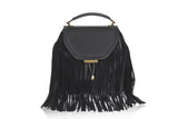 Black medium satchel featuring weaved leather, textured calf body, suede fringe, and elegant gold-tone hardware.
