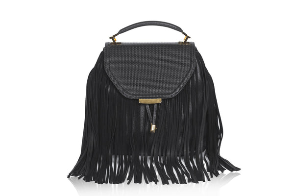 Black medium satchel featuring weaved leather, textured calf body, suede fringe, and elegant gold-tone hardware.