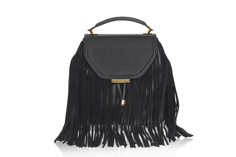 Black medium satchel featuring weaved leather, textured calf body, suede fringe, and elegant gold-tone hardware.