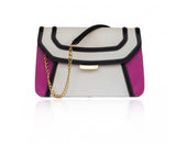 Color-blocked cream, black, and fuchsia textured leather clutch with gold-tone hardware and a detachable chain strap.