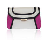 Color-blocked cream, black, and fuchsia textured leather clutch with gold-tone hardware and a chic designer logo plaque.