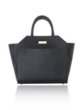 Black medium Sharon tote in textured calf leather with perforated sides, gold-tone logo plaque, and elegant top handles.