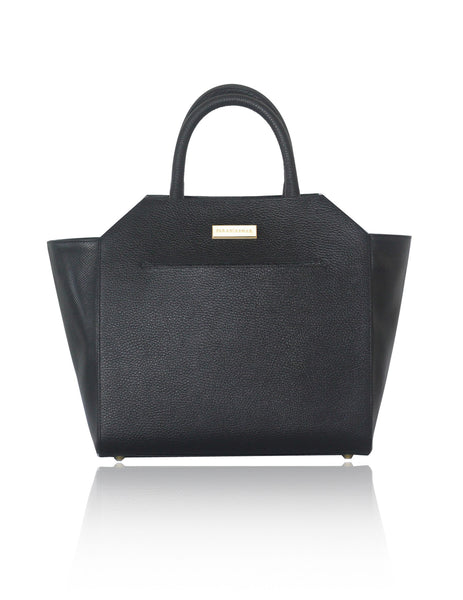 Black medium Sharon tote in textured calf leather with perforated sides, gold-tone logo plaque, and elegant top handles.