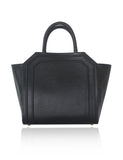 Black medium Sharon tote in textured calf leather with perforated sides and elegant gold-tone hardware.