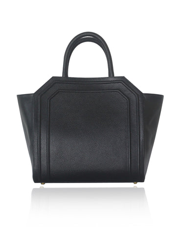 Black medium Sharon tote in textured calf leather with perforated sides and elegant gold-tone hardware.