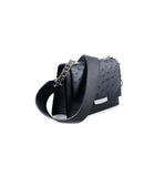 Black mini Jackie O shoulder bag in textured ostrich and calf leather with a silver logo plaque and chain strap.