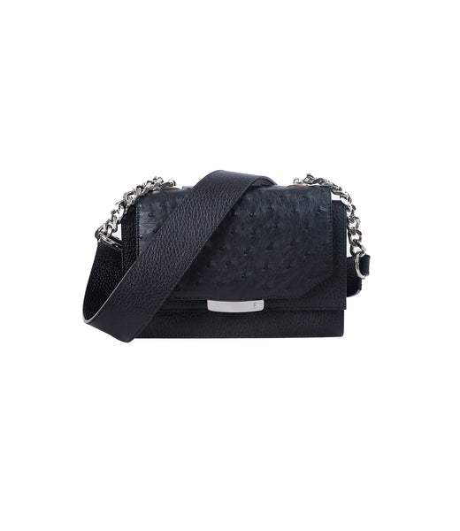 Black mini Jackie O shoulder bag in textured calf leather and ostrich with silver hardware and chain strap.