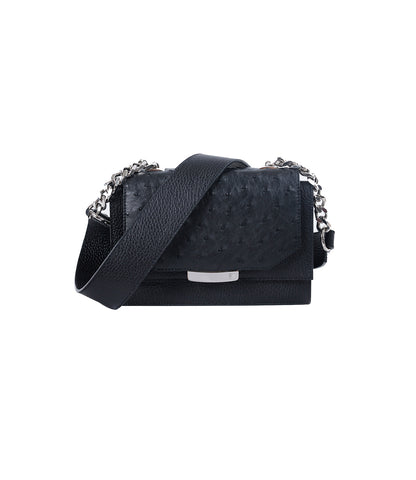 Black mini Jackie O shoulder bag in textured calf leather and ostrich with silver hardware and chain strap.