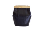 Black watersnake mini bucket bag featuring a sleek structured silhouette, gold-tone designer clasp, and luxury finish.