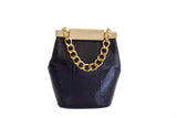 Black Valerie mini bucket bag in textured watersnake leather with luxe gold-tone hardware and a chic chain handle.