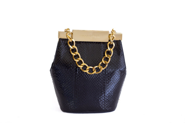 Black Valerie mini bucket bag in textured watersnake leather with luxe gold-tone hardware and a chic chain handle.