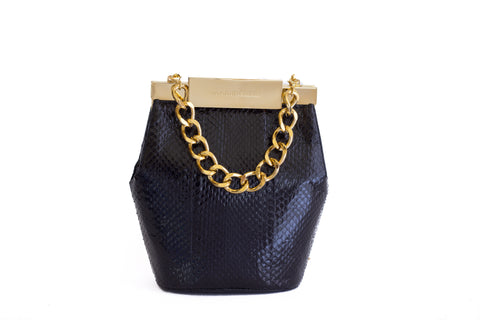 Black Valerie mini bucket bag in textured watersnake leather with luxe gold-tone hardware and a chic chain handle.