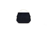 Black velvet Calypso top handle bag with elegant gold-tone hardware and a sleek, structured 23cm design.