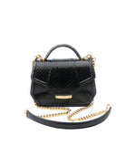 Mini Anabella tote in glossy black water snake leather with gold-tone hardware, top handle, and detachable chain strap.