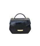 Mini black glossy water snake Anabella tote with gold-tone hardware and a chic structured flap design.