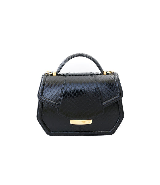 Mini black glossy water snake Anabella tote with gold-tone hardware and a chic structured flap design.