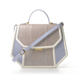 Blue Anabella tote in smooth calf leather and metallic water snake skin with a gold-tone logo and detachable shoulder strap.