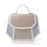 Blue Anabella tote in smooth calf leather and metallic water snake skin with a gold-tone logo plaque and structured handle.