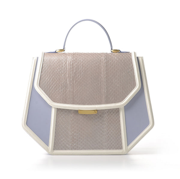 Blue Anabella tote in smooth calf leather and metallic water snake skin with a gold-tone logo plaque and structured handle.