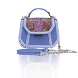 Blue leather mini Anabella tote with a multi-color python flap, gold logo plaque, and detachable chain strap.