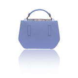 Blue leather mini Anabella tote with multi-color python flap, gold logo, and detachable chain for versatile styling.