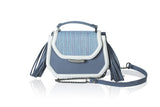 Blue Anabella mini tote in textured raffia and calf leather with silver logo, side tassels, and a detachable chain strap.