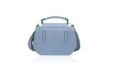 Blue Anabella mini tote in textured calf leather and raffia with side tassels and a chic, compact structured design.
