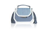 Blue Anabella mini tote in textured raffia and calf leather with silver logo, side tassels, and a chic structured design.
