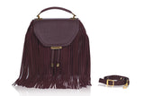 Bordeaux medium satchel in weaved calf leather with suede fringe, gold hardware, and a detachable shoulder strap.