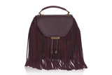 Bordeaux medium satchel featuring weaved calf leather, suede fringe, and elegant gold-tone hardware.