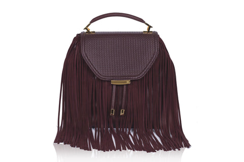 Bordeaux medium satchel featuring weaved calf leather, suede fringe, and elegant gold-tone hardware.