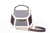 Bordeaux and grey calf leather mini Anabella tote with gold-tone logo plaque, structured flap, and detachable chain strap.