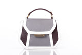 Mini Anabella tote in bordeaux and grey calf leather with a gold-tone logo plaque, structured flap, and elegant top handle.