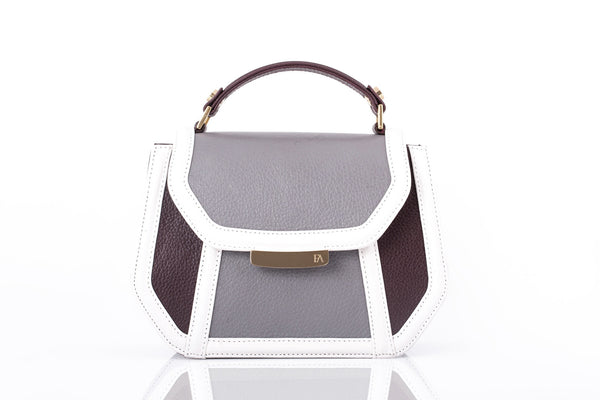 Mini Anabella tote in bordeaux and grey calf leather with a gold-tone logo plaque, structured flap, and elegant top handle.